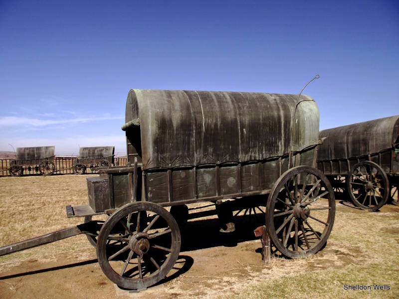 A circle of bronze Boer wagons set onto the African veld at the Blood River memoiral site